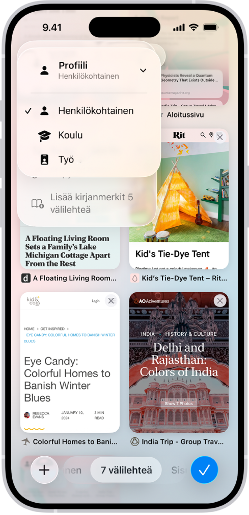 iPhonen näyttö, jossa näkyy tällä hetkellä avoinna olevat välilehdet sekä Henkilökohtainen-, Koulu‑ ja Työ-profiilien valikko. Henkilökohtainen-profiili on valittuna.