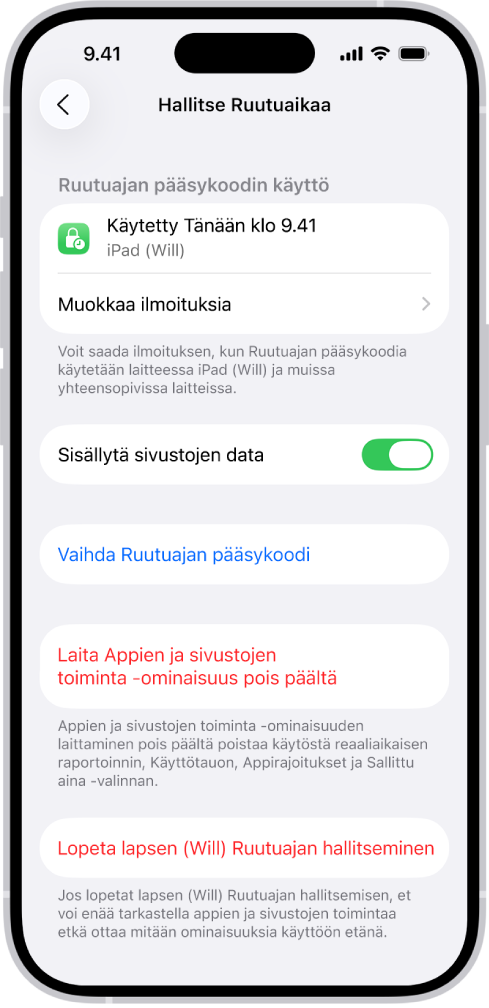 Perheeseen kuuluvan lapsen Hallitse Ruutuaikaa -näyttö. Näytön yläosassa näkyy, milloin ja missä laitteessa pääsykoodia käytettiin viimeksi.