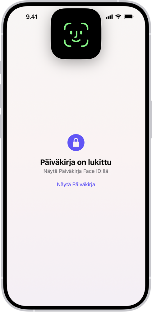Näytöllä kehotetaan käyttämään Face ID:tä päiväkirjan lukituksen avaamiseen.