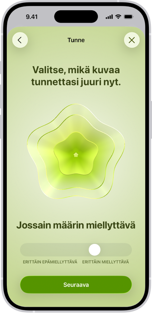 Terveys-apin näyttö, joka tunnistaa nykyisen mielentilan jossain määrin miellyttäväksi. Näytön alareunassa on liukusäädin tunteen tason säätämiseen.