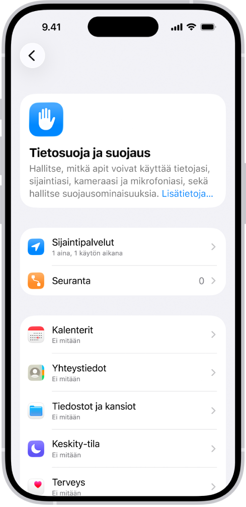 Tietosuoja ja suojaus -näyttö, jossa on Sijaintipalvelut- ja Seuranta-asetukset sekä asetukset, joilla hallitaan, mitkä apit voivat käyttää tietojasi.