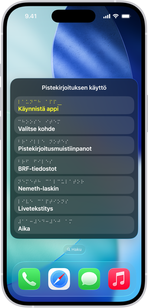 Pistekirjoituksen käyttö ‑valikko on avoinna iPhonessa, ja näytöllä näkyy seuraavat vaihtoehdot: Käynnistä appi, Valitse kohde, Pistekirjoitusmuistiinpanot, BRF-tiedostot, Livetekstitys ja Aika.