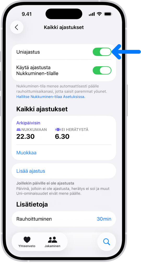 Terveys-apin kaikkien ajastusten uninäyttö, jossa Uniajastus on laitettu päälle yläreunassa.