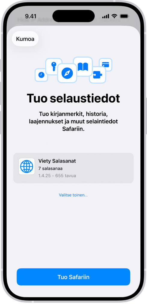 Tuo selaustiedot -näyttö, jossa tuodaan salasanoja sisältävä CSV-tiedosto toisesta salasanojen hallintatyökalusta.
