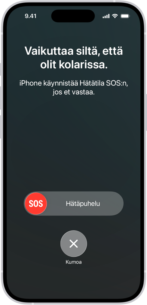 Kolarintunnistus-näyttö, jossa näkyy ilmoitus joutumisesta kolariin sekä sen alla SOS Hätäpuhelu -liukusäädin ja Kumoa-painike.