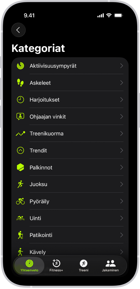 Kuntoilu-apin näyttö, jossa näkyy luettelo kuntoilukategorioista.