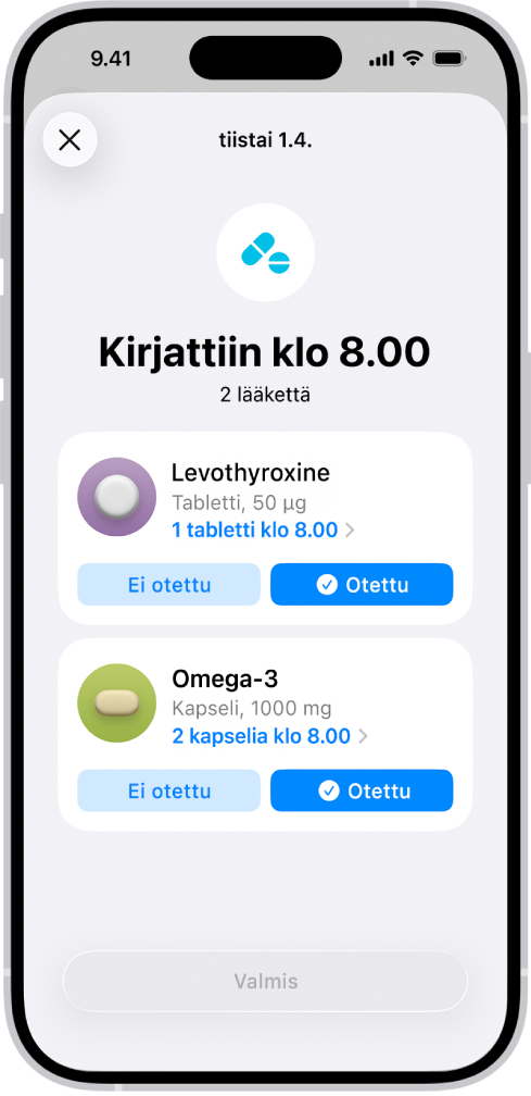 Terveys-apin Lääkkeet-näyttö, jossa näkyvät lääkitysten kirjaukset.