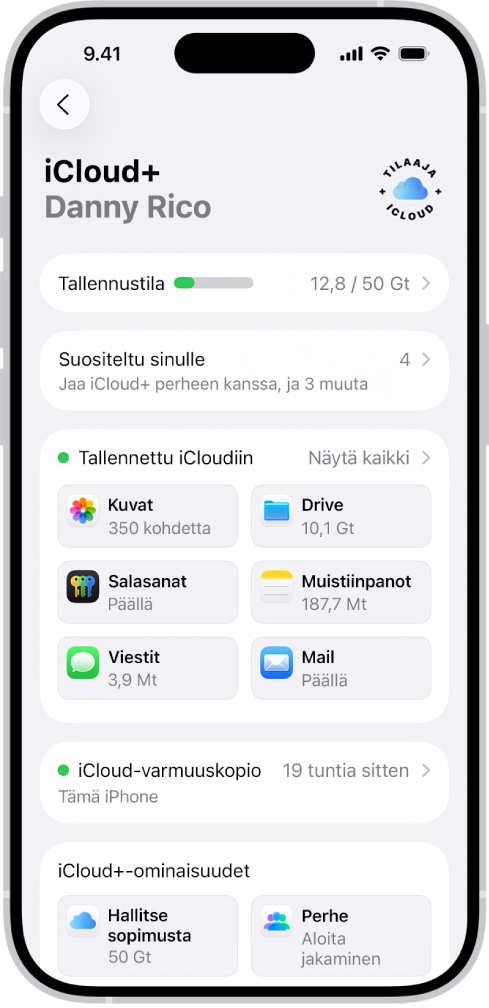 iCloud-asetusnäytöllä näkyy iCloud-tallennustilan mittari sekä luettelo apeista ja ominaisuuksista.