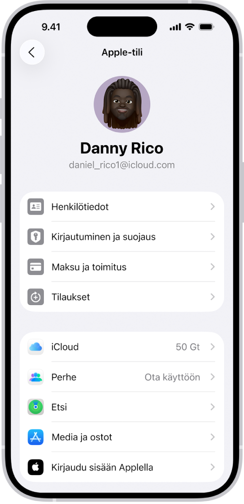 Apple-tilin asetuksissa näkyy luettelo valinnoista, kuten henkilötiedot, tilaukset ja Etsi.