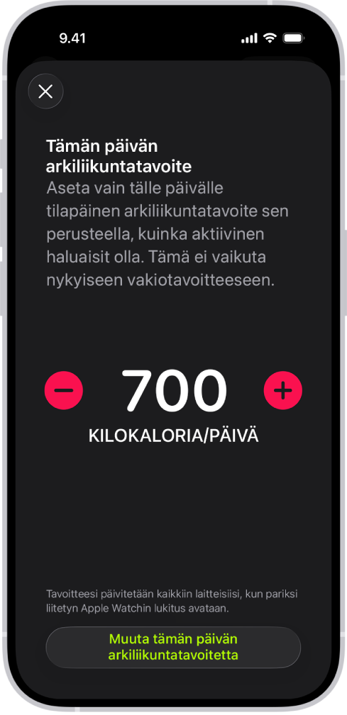 Kuntoilu-apin Arkiliikuntatavoitteen ajastus -näyttö, jossa näkyvät painikkeet liikkumistavoitteen suurentamiseksi tai pienentämiseksi eri viikonpäivinä.