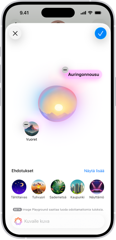 Viestit-apin Image Playground ‑ikkunassa näkyy luotu tausta.