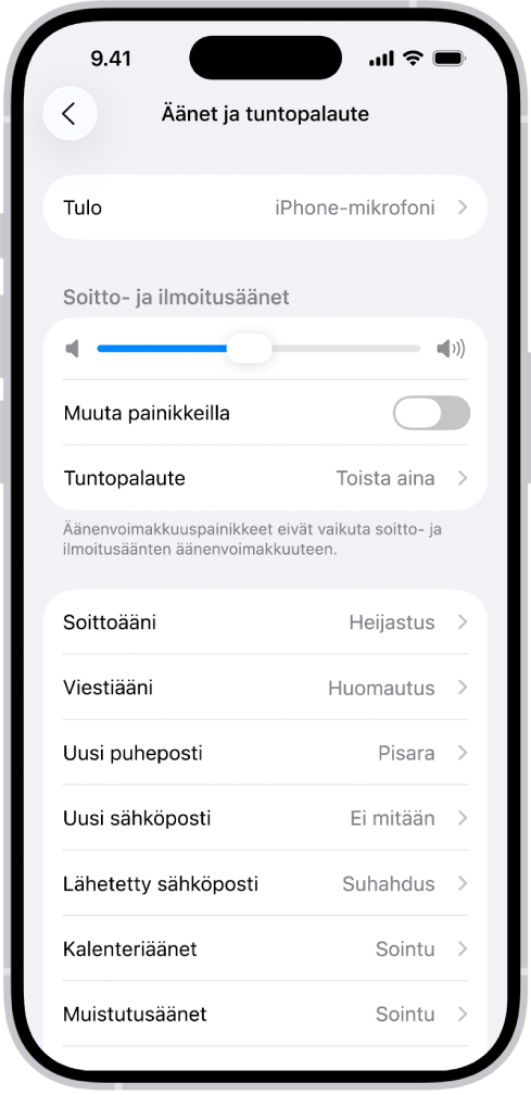 Äänet ja tuntopalaute -näyttö Asetuksissa.