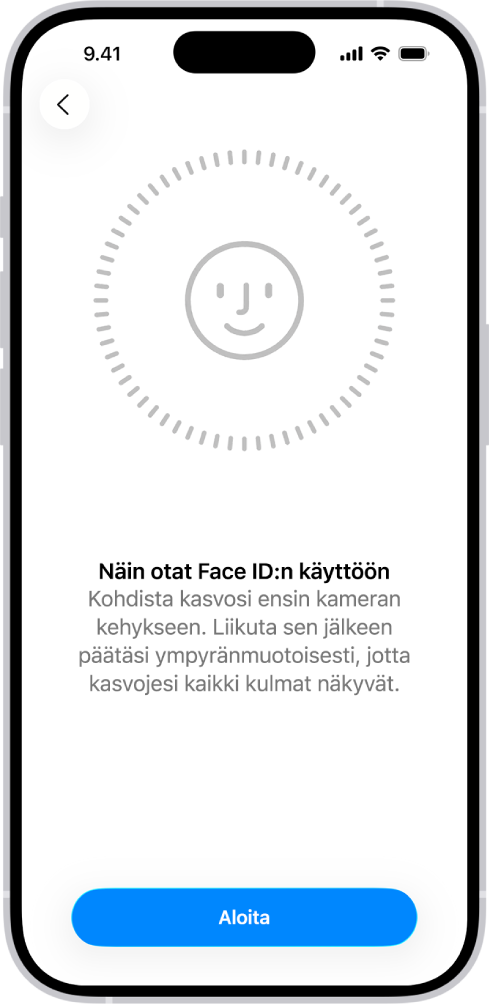Face ID ‑tunnistuksen käyttöönottonäyttö. Näytöllä näkyvät hymyilevät kasvot, jotka ovat ympyrän sisällä. Alapuolella oleva teksti neuvoo käyttäjää liikuttamaan päätä hitaasti ja ympyränmuotoisesti. Aloita-painike näkyy näytön alareunassa.