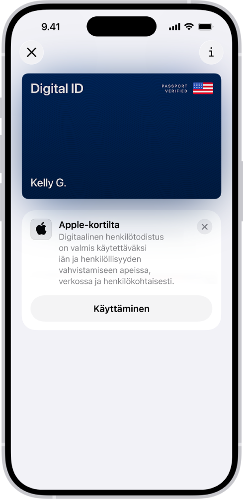 Digitaalinen henkilötodistus Lompakko-apissa.