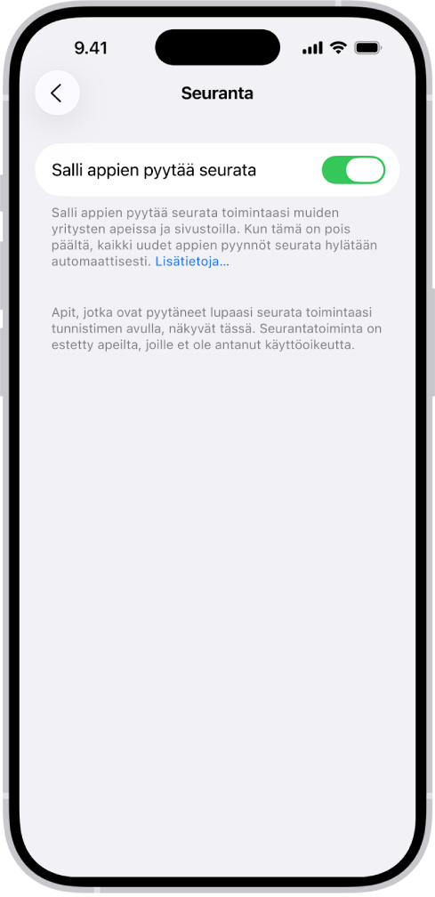 Seuranta-näyttö, jossa on asetus sen hallitsemelle, voivatko apit pyytää lupaa seurata sinua eri verkkosivustoilla tai muiden yritysten omistamissa apeissa.