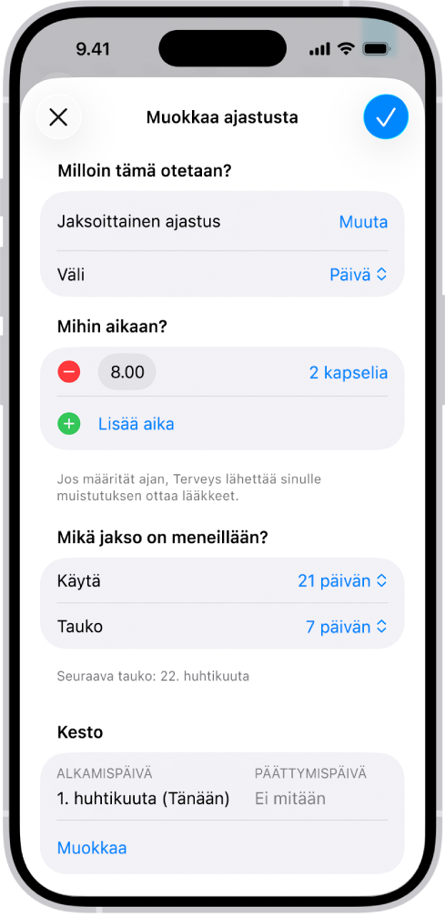 Terveys-apin Lääkkeet-näyttö, jossa näkyy lääkitysaikataulun muokkaamisvaihtoehdot.