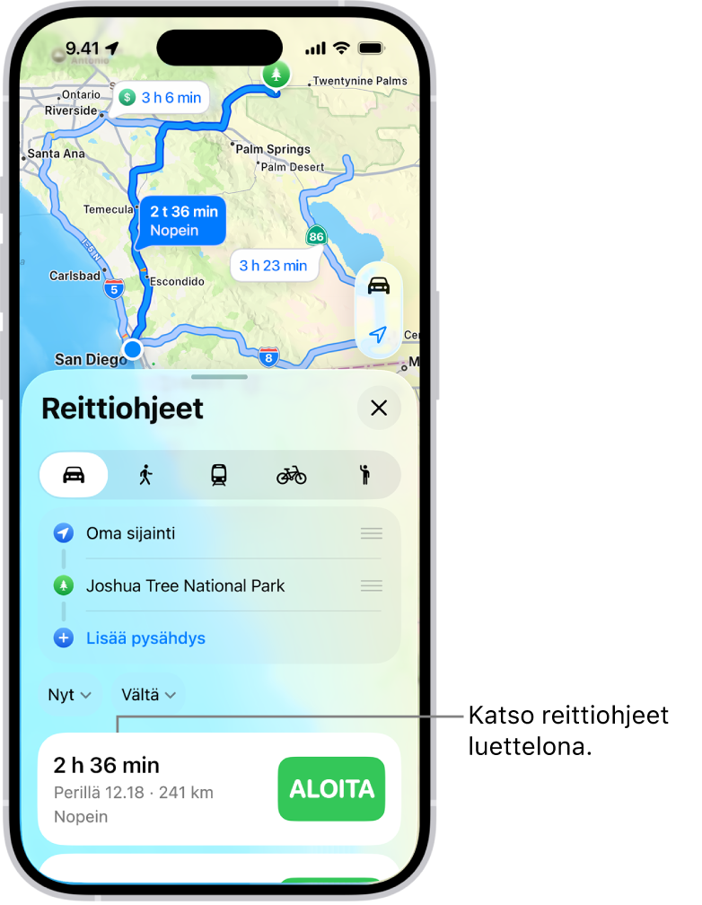 Kortti, jossa on useita reittivalintoja.