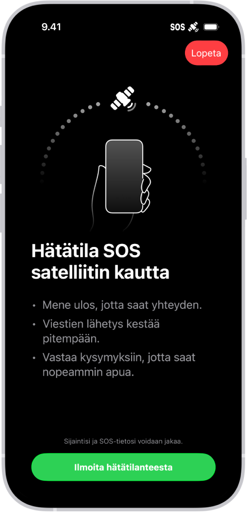 Hätätila SOS ‑näyttö, joka kertoo puhelimen olevan yhdistetty ja neuvoo käyttäjää pitämään laitetta suunnattuna satelliittia kohti. Ilmoita hätätilanteesta ‑painike on näytön alareunassa.