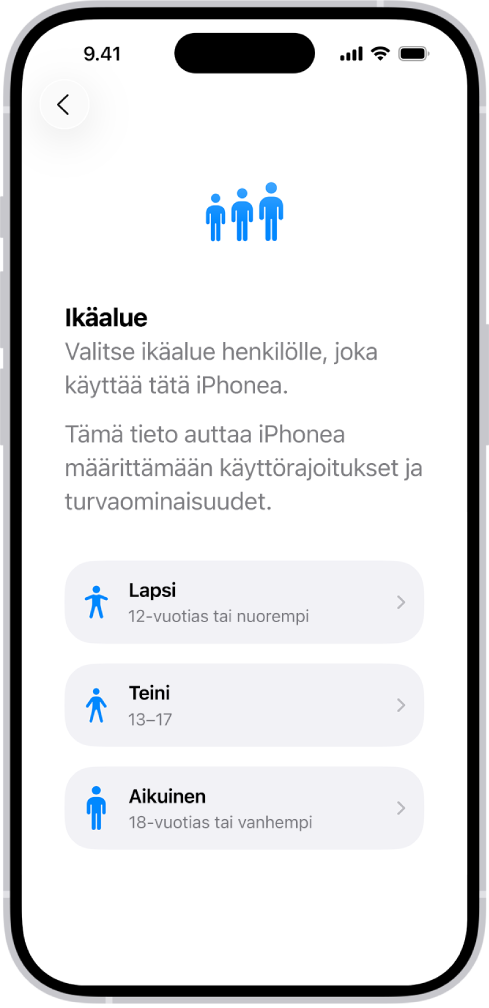 Ikäalueiden asetusnäyttö. Luettelossa näkyy kolme ikäaluetta: Lapsi (alle 13-vuotias), Nuori (13–17-vuotias) ja Aikuinen (yli 18-vuotias).