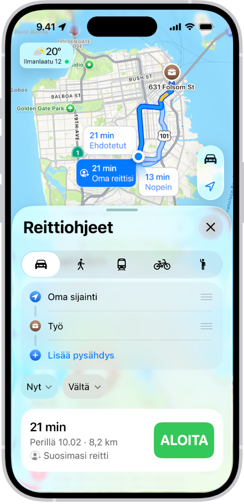 iPhone, jossa näkyy kartta useista ajoreiteistä samaan määränpäähän. Kukin reitti näyttää arvioidun ajan ja etäisyyden, ja Aloita-painike aloittaa käännös käännökseltä -ohjeet. Kunkin reitin värikoodi näyttää liikenneolosuhteet.