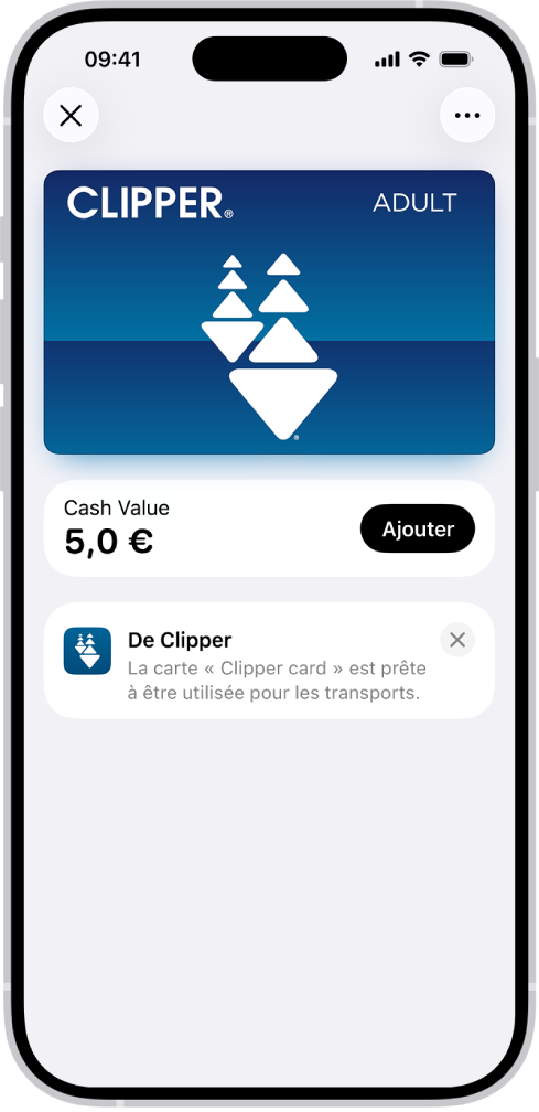 Une carte de transport dans l’app Cartes. Sous la carte se trouve le solde, à côté du bouton « Ajouter de l’argent ».