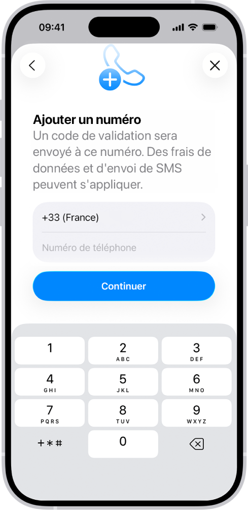 L’écran Ajouter un numéro de téléphone dans Réglages.