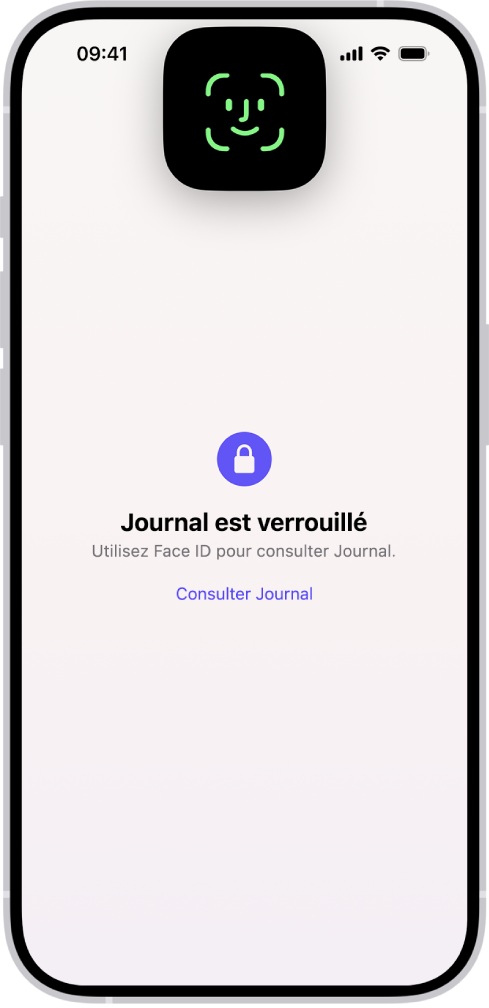 Un écran de l’app Journal qui vous invite à utiliser Face ID pour déverrouiller votre journal.