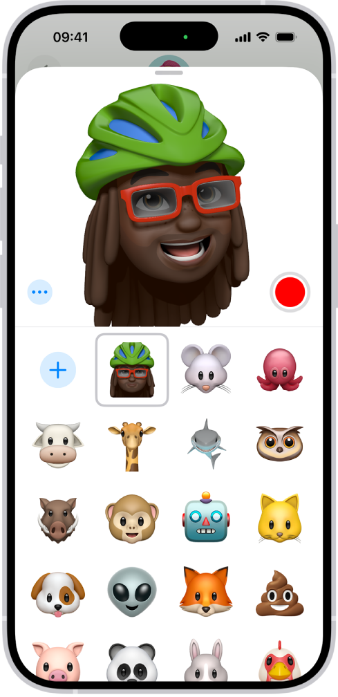 La sous -fenêtre Memoji dans Messages. En haut, un Memoji animé reflète l’expression faciale de l’utilisateur. Un bouton d’enregistrement se trouve à droite du Memoji animé. En bas de l’écran se trouvent d’autres options pour les Memoji, avec un bouton permettant d’ajouter un nouveau Memoji.