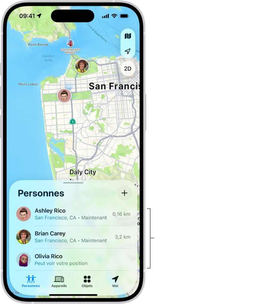 L’écran Localiser ouvert sur la liste Personnes. La liste comprend quatre personnes : Olivia Rico, Dawn Ramirez, Ashley Rico et Will Rico. Touchez le bouton Ajouter en haut de la liste Personnes pour partager votre position.