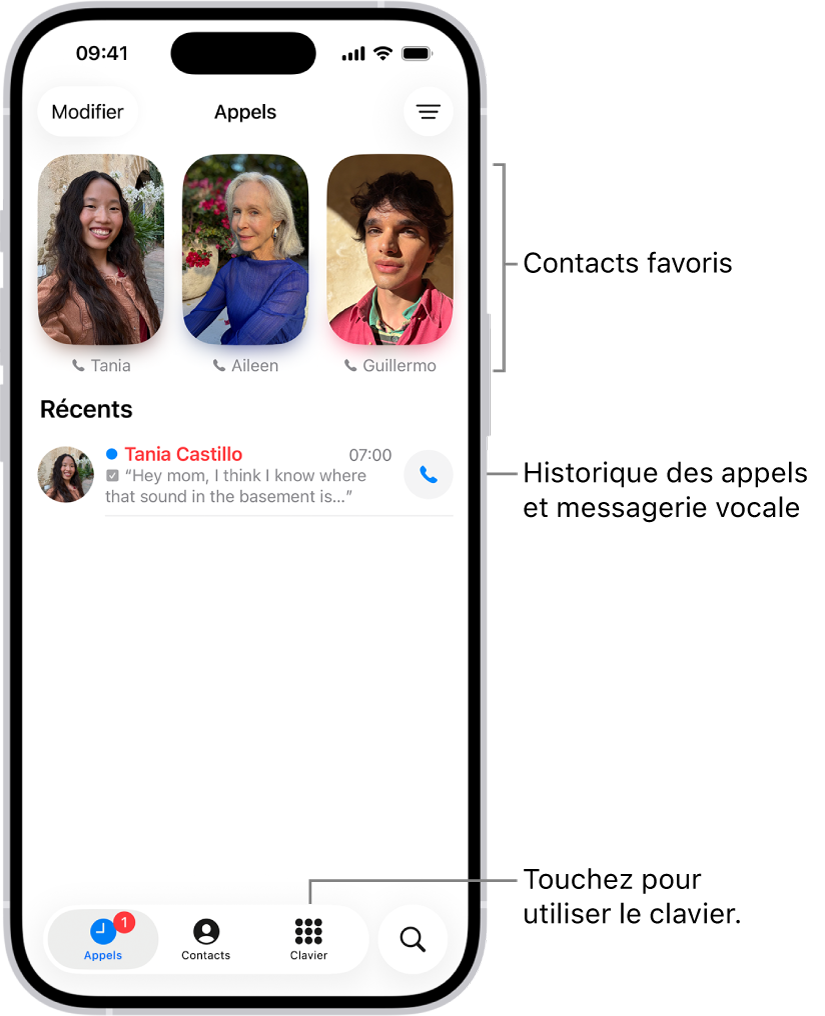 L’onglet Appels dans l’app Téléphone en disposition unifiée. Les contacts favoris s’affichent en haut. Sous les favoris se trouve la liste des appels et des messages de la messagerie récents. Les boutons permettant d’afficher les onglets Appels, Contacts et Pavé numérique s’affichent en bas. Le bouton Rechercher se trouve en bas à droite.