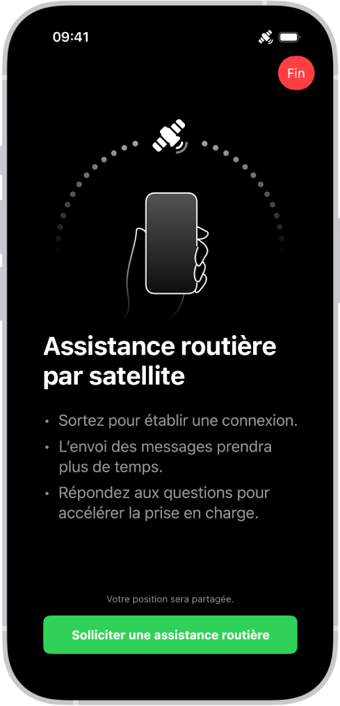 L’écran « Assistance routière par satellite ». Le bouton « Solliciter une assistance routière » apparaît au bas de l’écran.