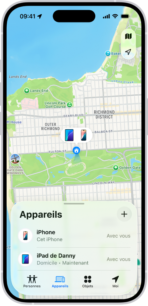 L’écran Localiser affichant deux appareils au domicile.