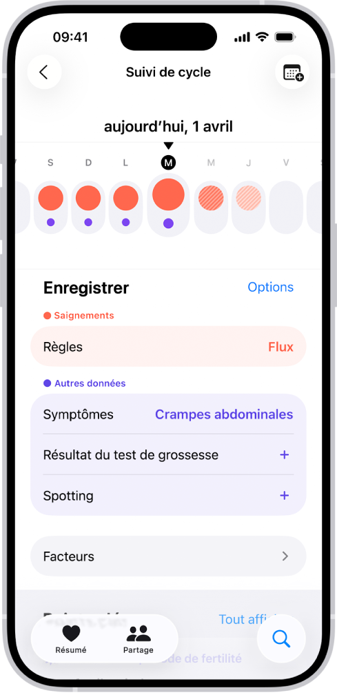 L’écran « Suivi de cycle » montrant la chronologie d’une semaine en haut de l’écran. Des cercles rouges pleins et des points violets marquent les cinq premiers jours sur la chronologie. Sous la chronologie se trouvent des options pour ajouter des informations sur les règles, les symptômes, et plus encore.