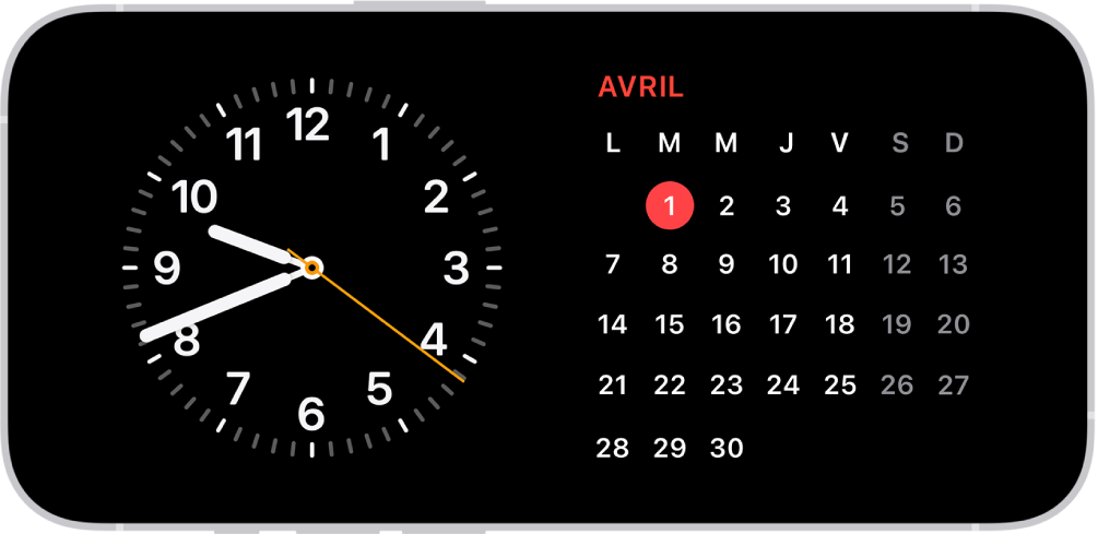iPhone en mode veille dans des conditions de faible luminosité, avec les widgets Horloge et Calendrier affichés.