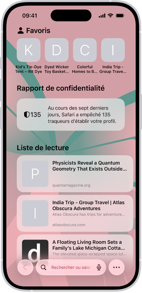 La page de démarrage de Safari, affichant les sites web favoris, le rapport de confidentialité et les sites web enregistrés dans la liste de lecture.