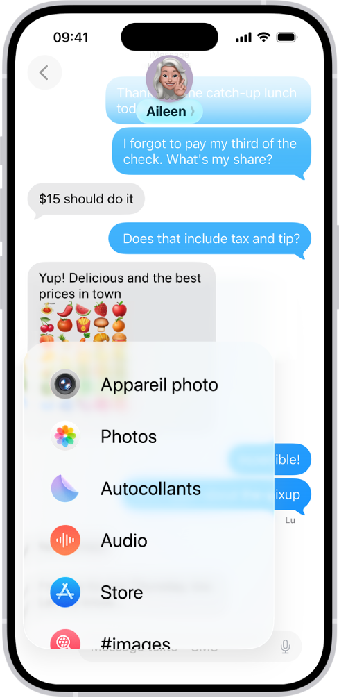 Une liste de fonctionnalités qui s’affichent après avoir touché le bouton Ajouter dans une conversation Messages.