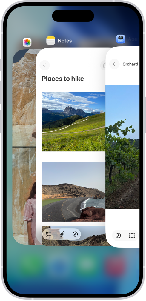 Le sélecteur d’app. Des icônes des apps ouvertes apparaissent en haut, et l’écran actuel de chaque app ouverte apparaît en dessous de son icône.