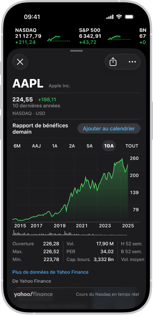 Au milieu de l’écran, un graphique affiche les performances d’une action sur 10 années. Au-dessus du graphique se trouve une notification indiquant que l’entreprise prévoit de partager son rapport le lendemain, avec un bouton permettant d’ajouter cet évènement au calendrier.