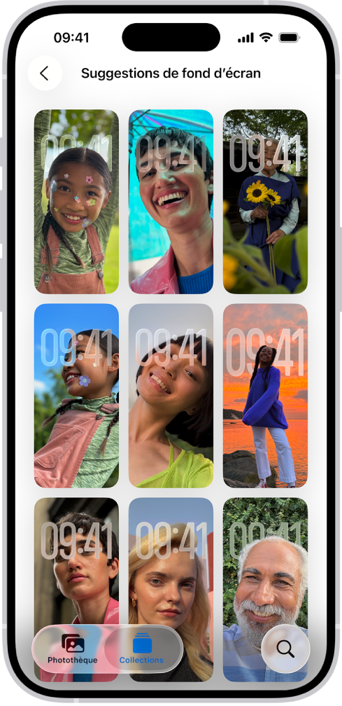 Des suggestions de fond d’écran sont ouvertes dans l’app Photos. Des combinaisons de photos générées automatiquement, des effets de filtre et des polices pour l’heure sont affichés dans une grille de suggestions.