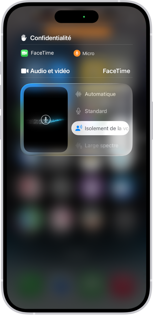 Les réglages du centre de contrôle pour les appels FaceTime, avec les réglages audio Automatique, Standard, « Isolement de la voix » et « Large spectre ».