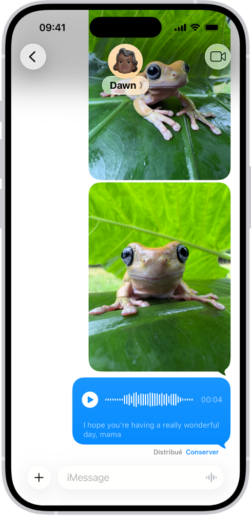 Une conversation Messages avec un message audio.