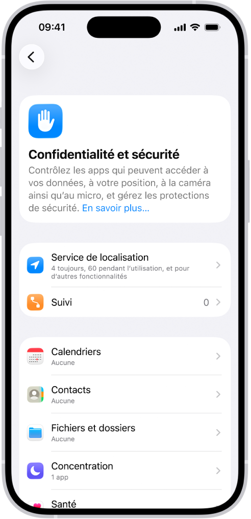 L’écran « Confidentialité et sécurité » dans Réglages.