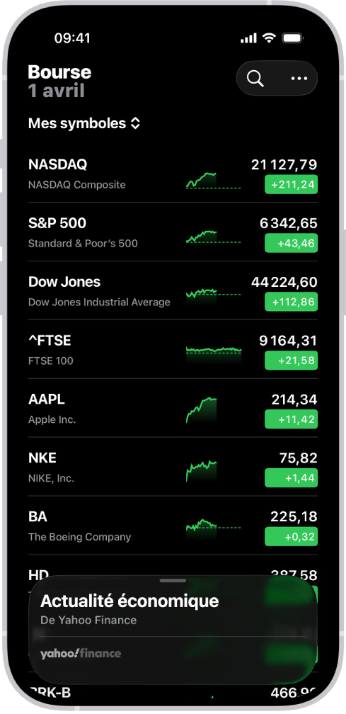 Une liste de suivi dans l’app Bourse avec une liste de diverses actions. Chaque action de la liste affiche, de gauche à droite, le symbole et le nom de l’action, un graphique des performances, le cours de l’action et les évolutions du cours. En haut à droite se trouve le bouton de recherche. En bas de l’écran se trouve la section « Actualité économique ».