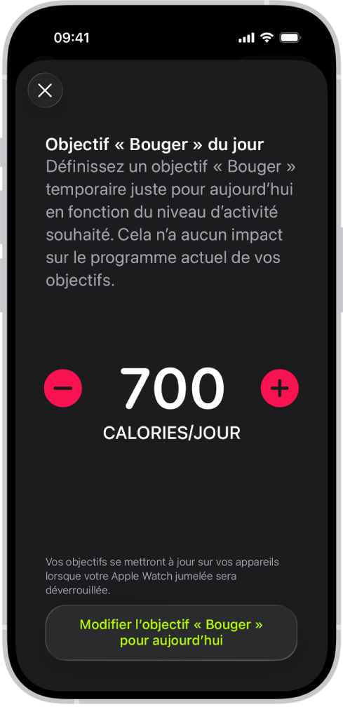 L’écran Programme de l’objectif « Bouger » de l’app Forme avec des boutons permettant d’augmenter ou de diminuer l’objectif Bouger.