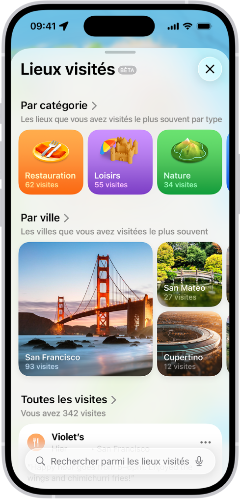 L’écran « Lieux visités » de l’app Plans.
