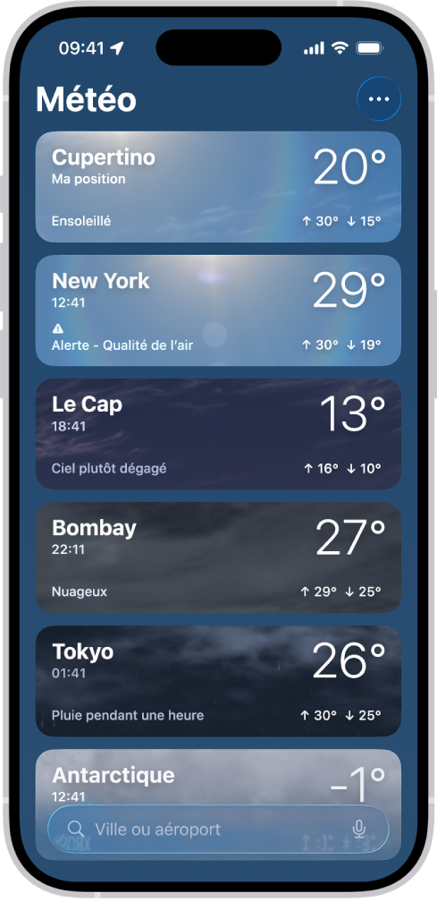 L’app Météo affichant une liste de villes avec l’heure actuelle, la température, les prévisions et les températures minimales et maximales. En bas de l’écran se trouve le champ de recherche, avec le bouton Plus dans le coin supérieur droit.