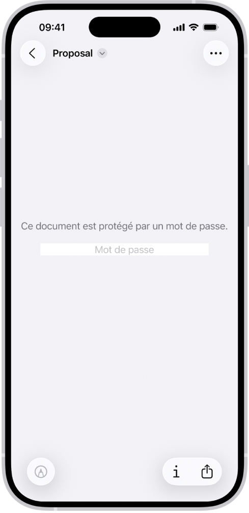 Formulaire PDF verrouillé affichant un champ de mot de passe. En bas de l’écran se trouvent les boutons Annoter, Infos et Partager.
