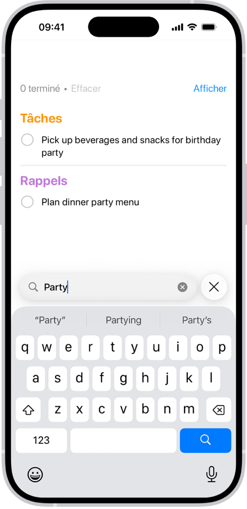 Résultats de recherche dans l’app Rappels affichant des tâches contenant le mot « fête ».