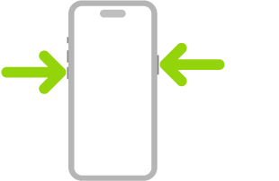 ઉપર જમણી બાજુએ સાઇડ બટન અને ઉપર ડાબી બાજુએ વૉલ્યૂમ બટન તરફ નિર્દેશ કરતા તીર સાથે iPhoneનું ચિત્ર.