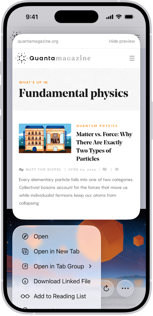વેબસાઇટના પ્રિવ્યૂ પછી સંભવિત ઍક્શનની સૂચી : ખોલો, નવા ટૅબમાં ખોલો, ટૅબ ગ્રૂપમાં ખોલો, લિંક કરેલી ફાઇલ ડાઉનલોડ કરો અને વાંચન સૂચીમાં ઉમેરો.